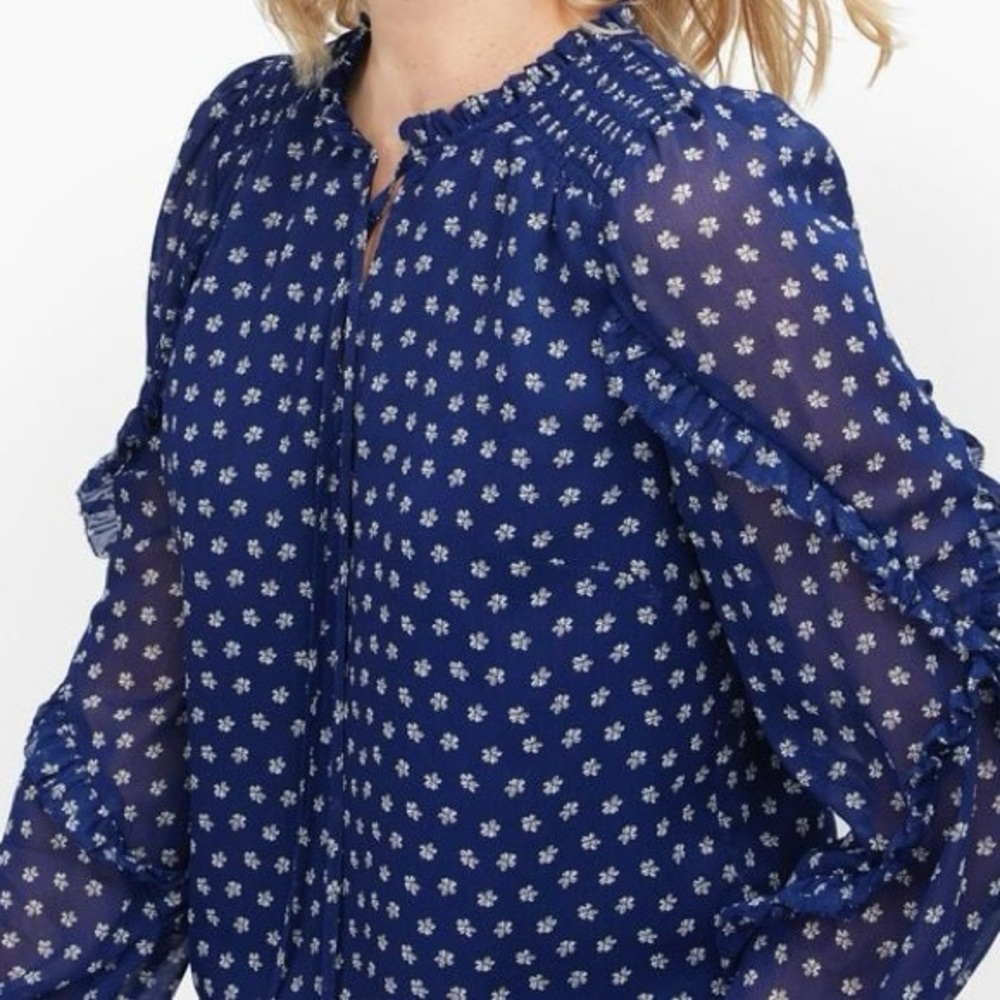TALBOTS SMOCKED SHOULDER TIE-NECK TOP - FLORAL - Picture 2 of 6
